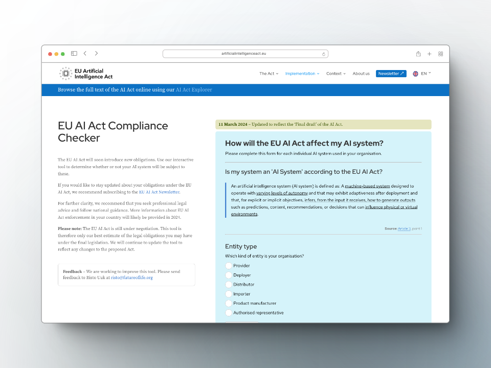 EU AI Act Compliance Checker — Free self-assessment tool to determine your AI system's risk classification and compliance obligations